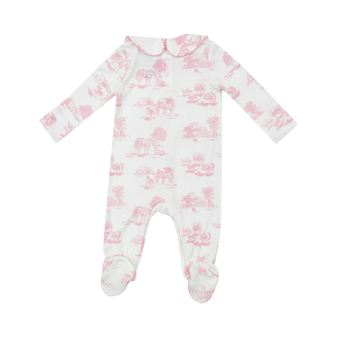 PINK FARM TOILE SMOCKED FOOTIE