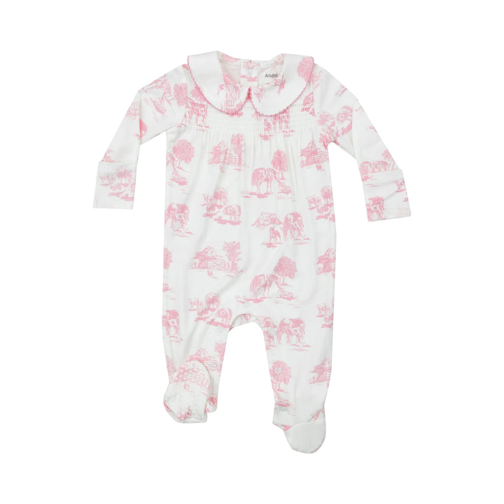 PINK FARM TOILE SMOCKED FOOTIE