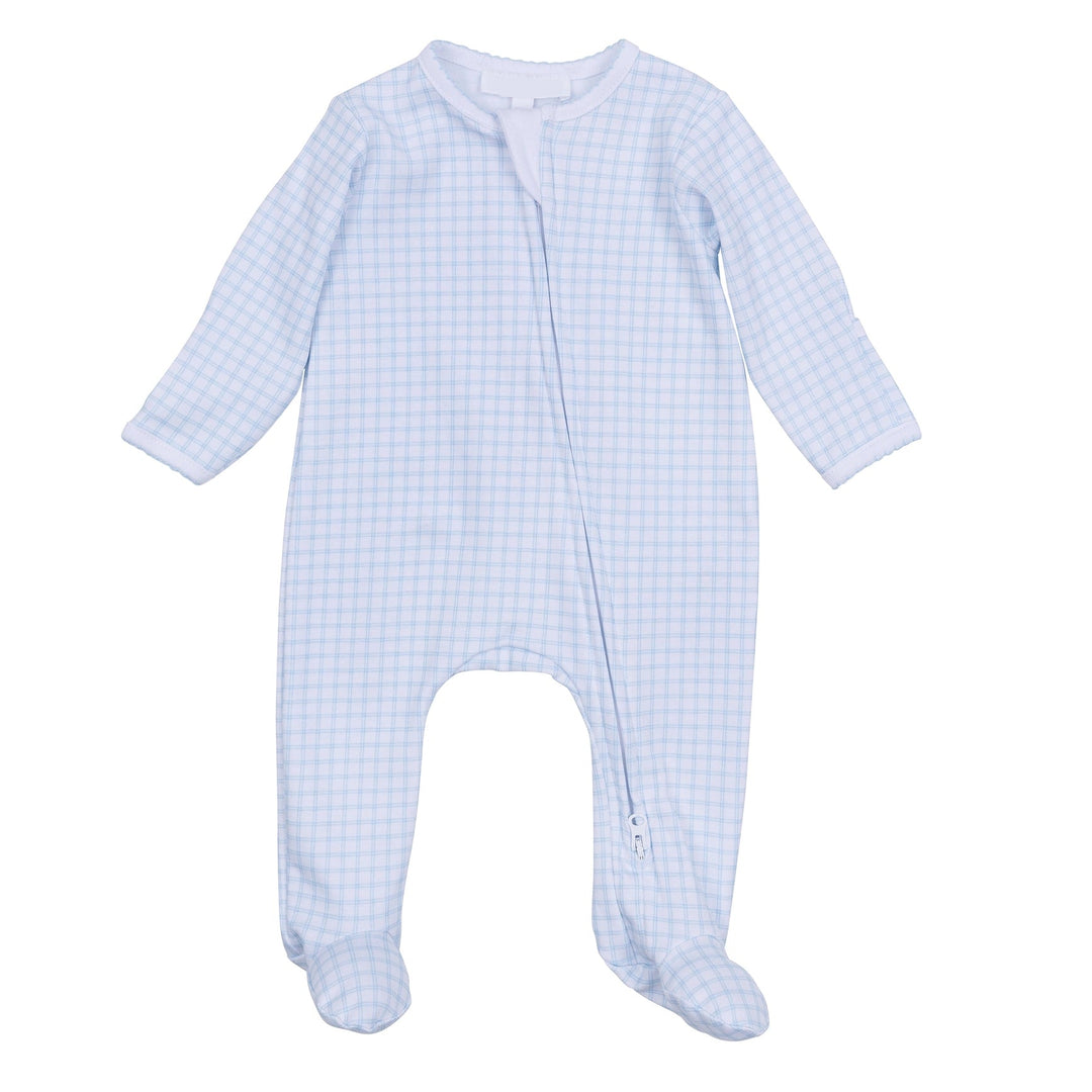 Baby onesie with blue check pattern on a white background