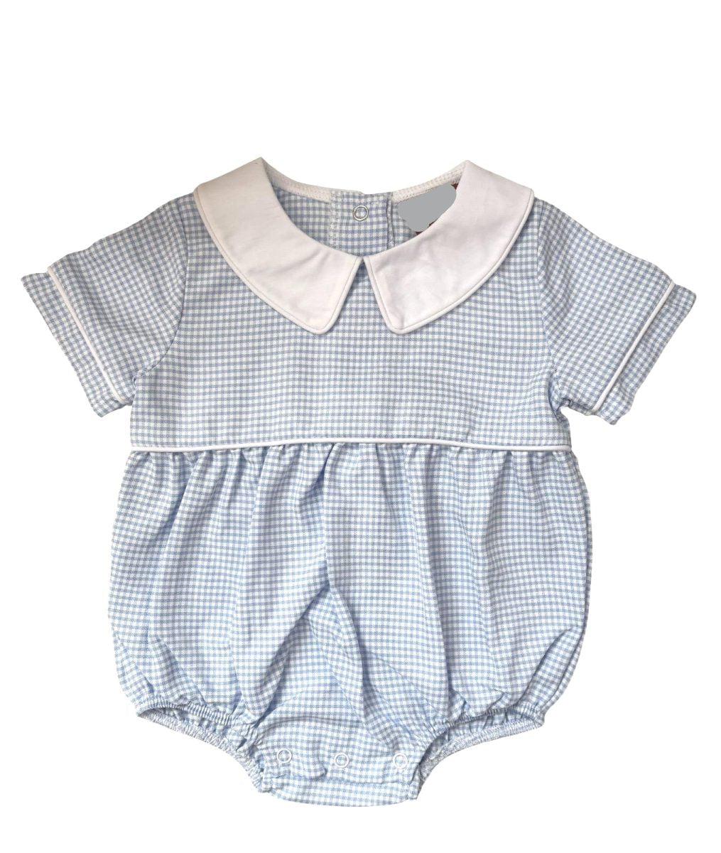BLUE GINGHAM BOYS BUBBLE WITH WHITE PETER PAN COLLAR