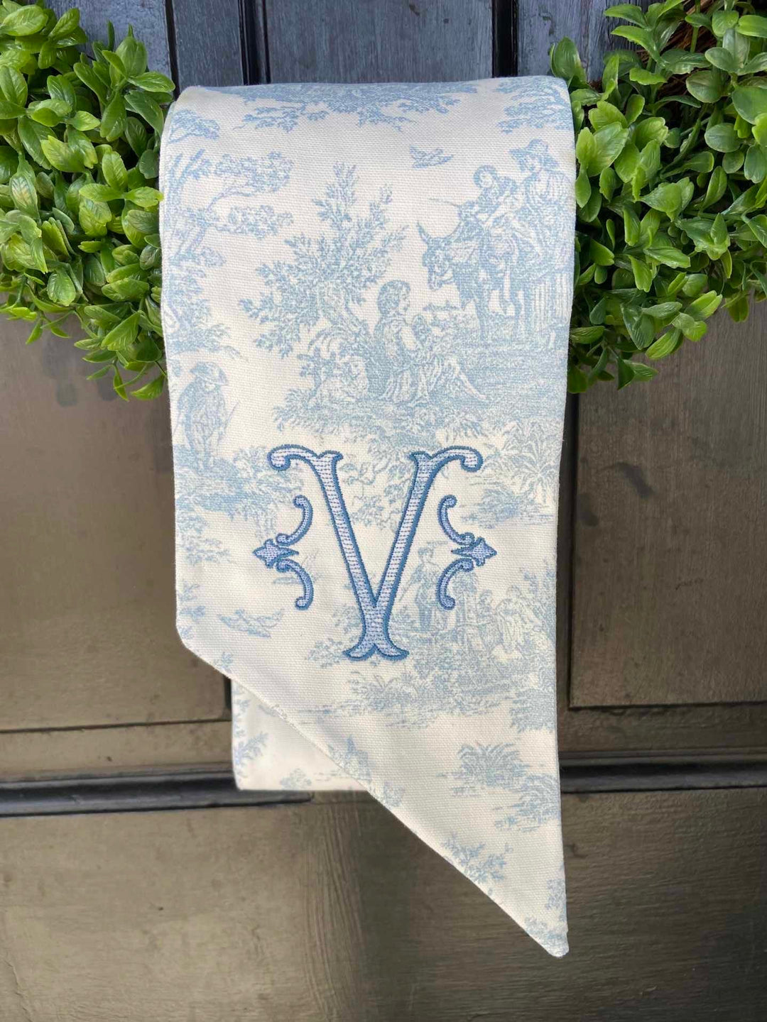 light blue toile wreath sash