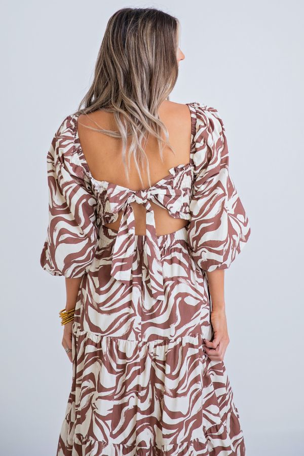 KARLIE: BROWN ZEBRA POPLIN SMOCK MAXI DRESS