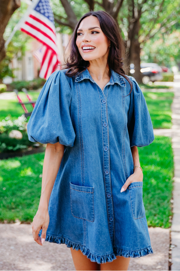 KARLIE: DENIM RUFFLE POCKET DRESS