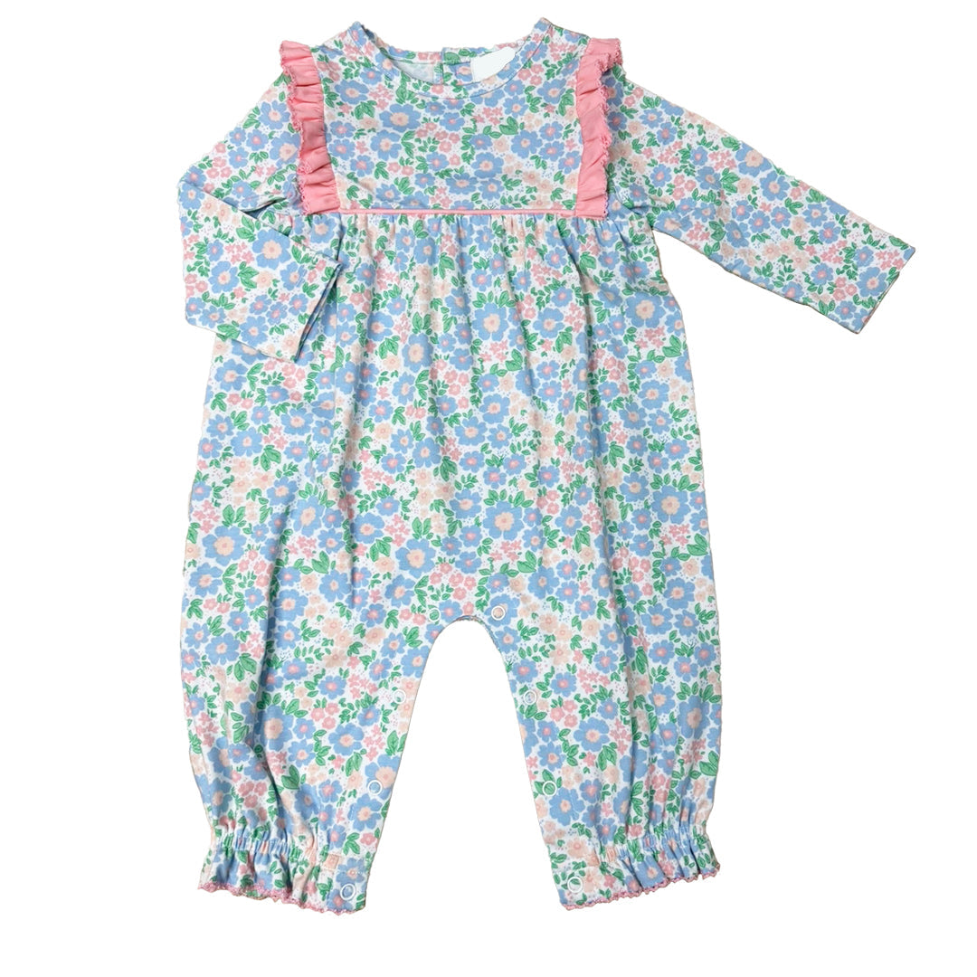 Floral baby romper with ruffled sleeves on a white background