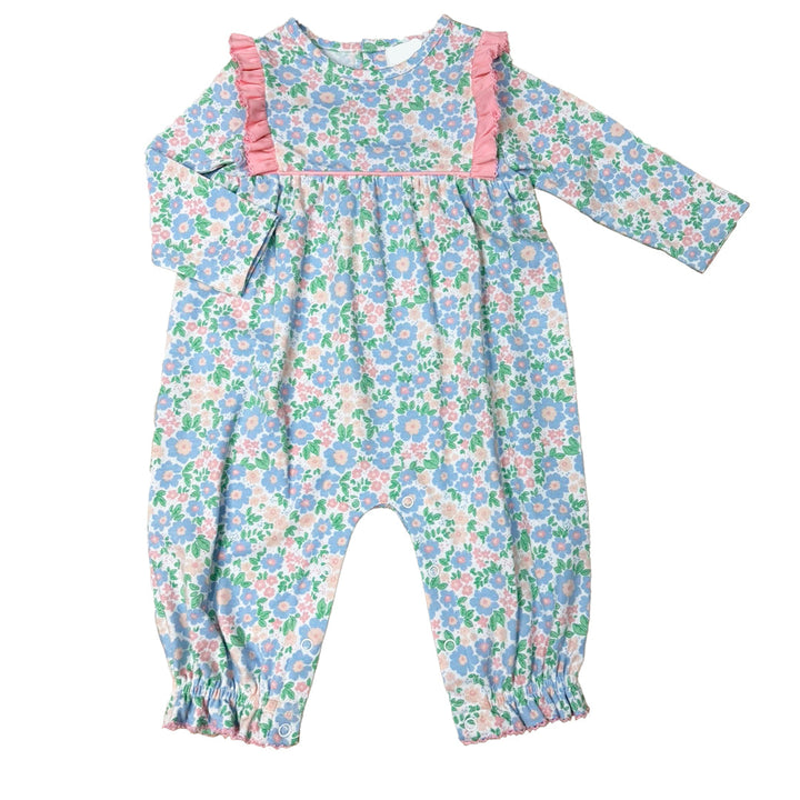 Floral baby romper with ruffled sleeves on a white background