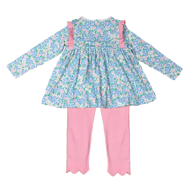 Floral top with pink trim and matching leggings on a white background