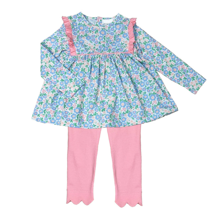 Floral top with long sleeves and pink pants on a white background