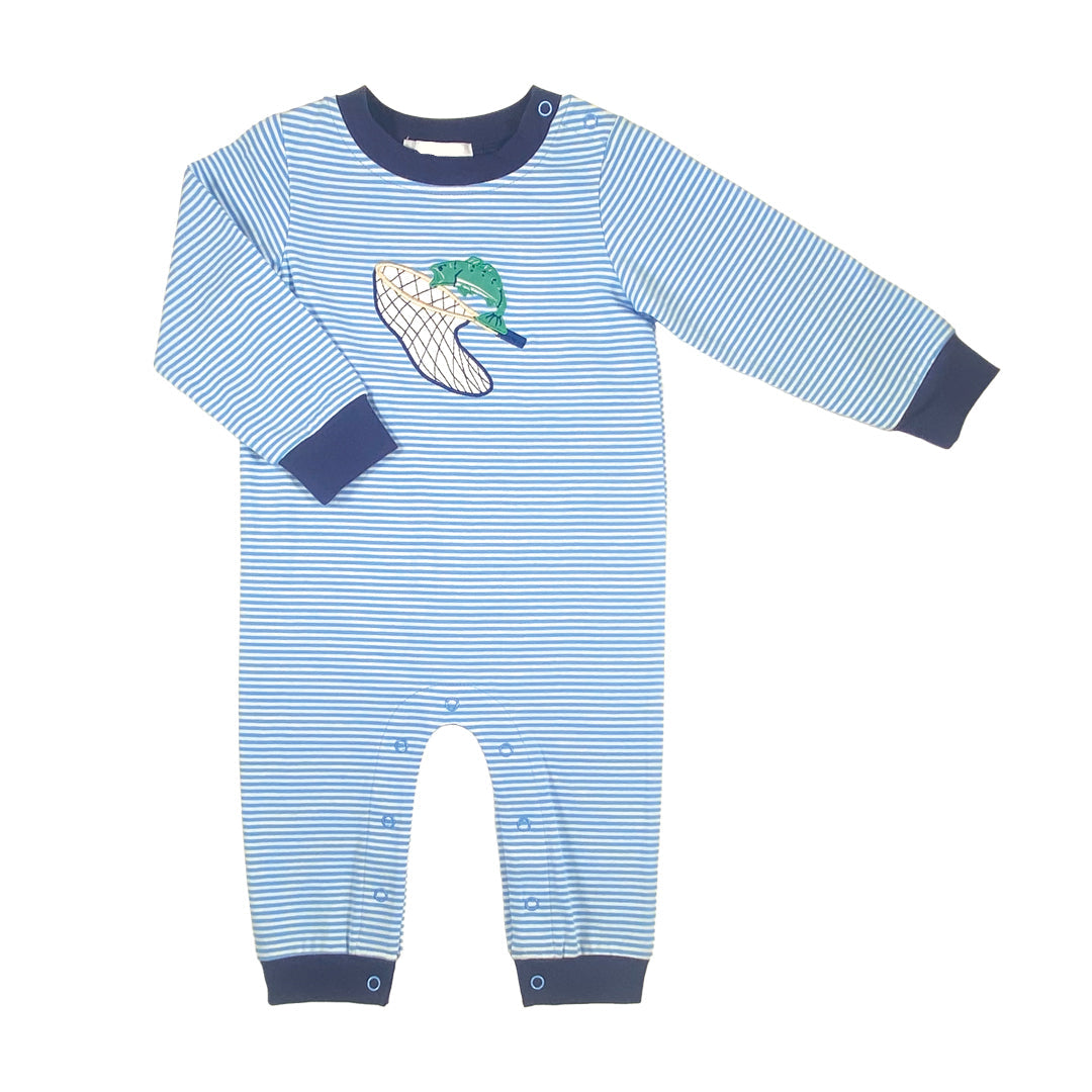 Blue Striped Romper with Fishing Net Applique – Baby Boy Hunting & Fishing Style