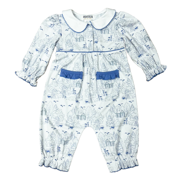 Woodland Toile Blue Romper – Classic Baby Outfit with Woodland Print Design