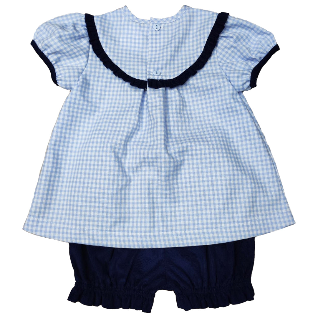 back of blue check bloomer set with navy accents and navy bloomers on white background