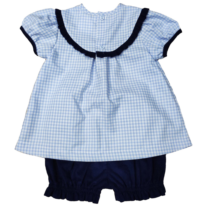 back of blue check bloomer set with navy accents and navy bloomers on white background