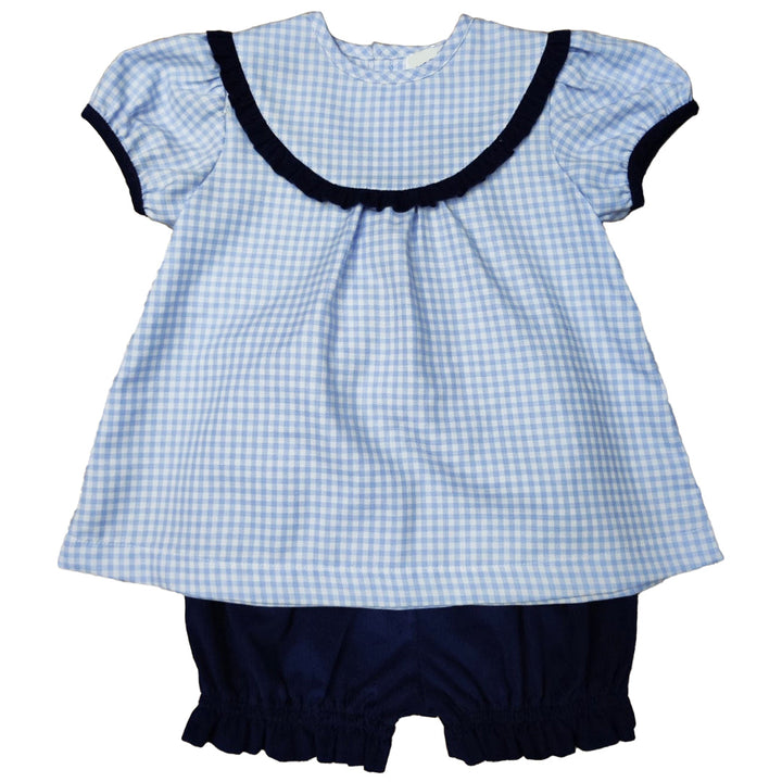 Blue Check Bloomer Set with Navy Accents – Classic Baby Girl Checked Outfit