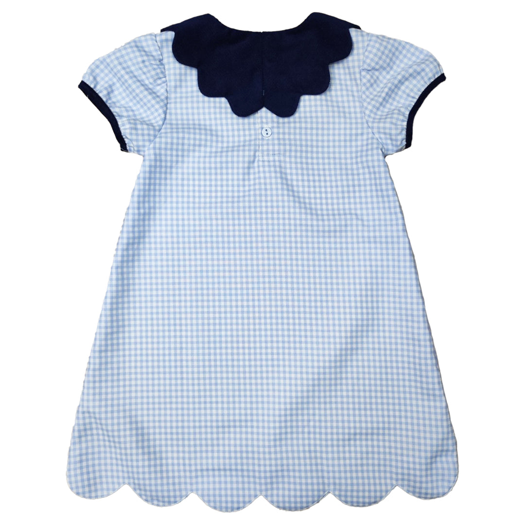 blue check dress with navy trim sleeves and navy collar