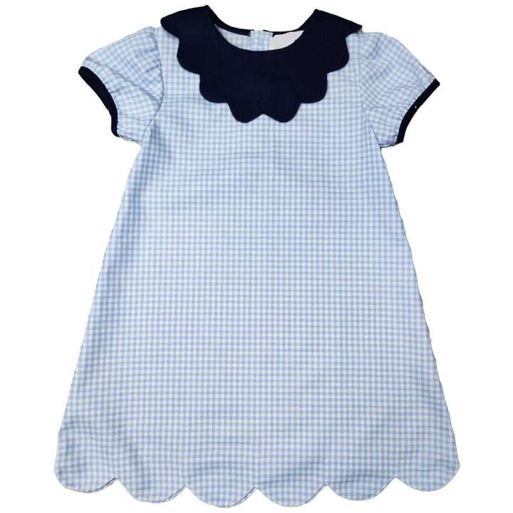 Blue Check Scalloped Edge Dress with Navy Accents – Classic Baby Girl Checked Outfit