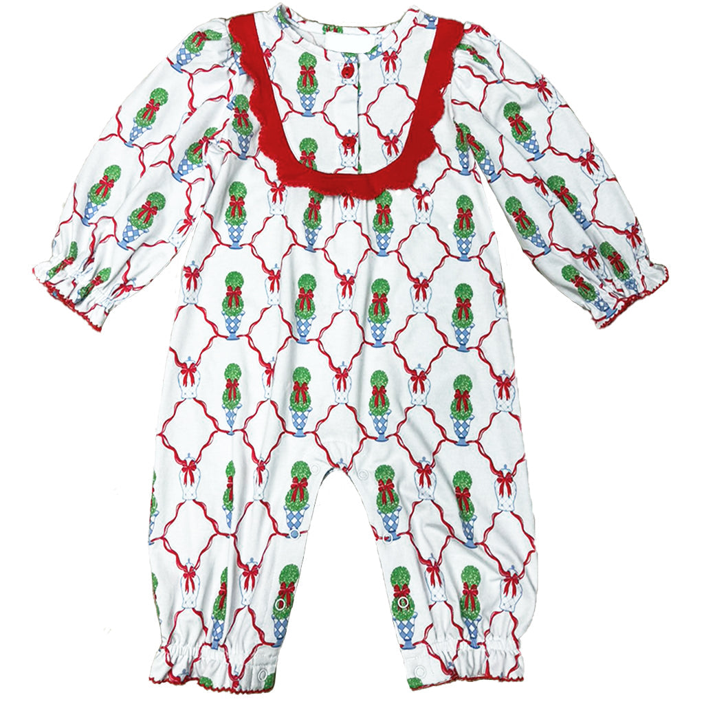 TOPIARY WHITE ROMPER WITH RED AND BLUE DESIGN