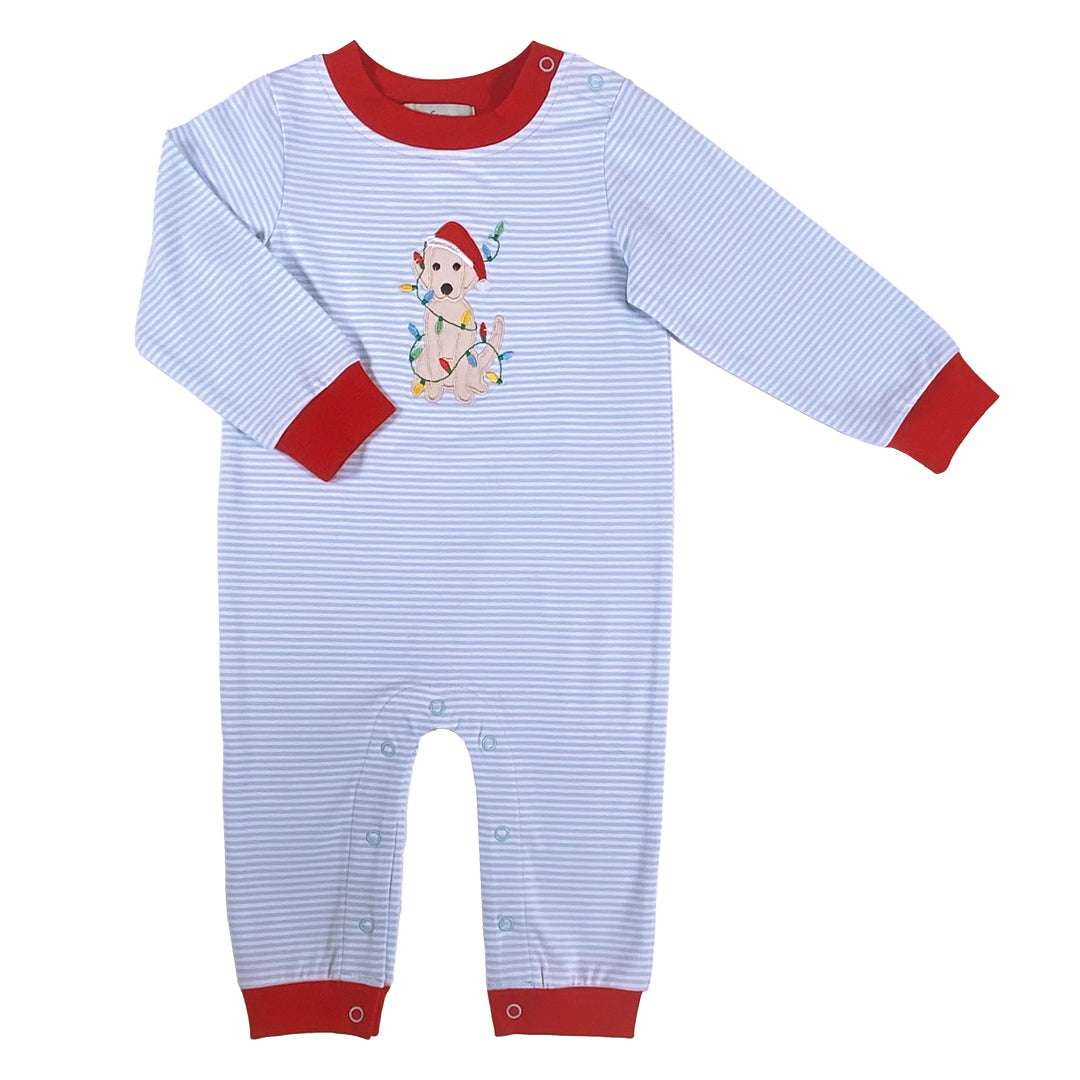 LIGHT BLUE BOYS ROMPER WITH PUPPY WRAPPED IN CHRISTMAS LIGHTS ON WHITE BACKGROUND