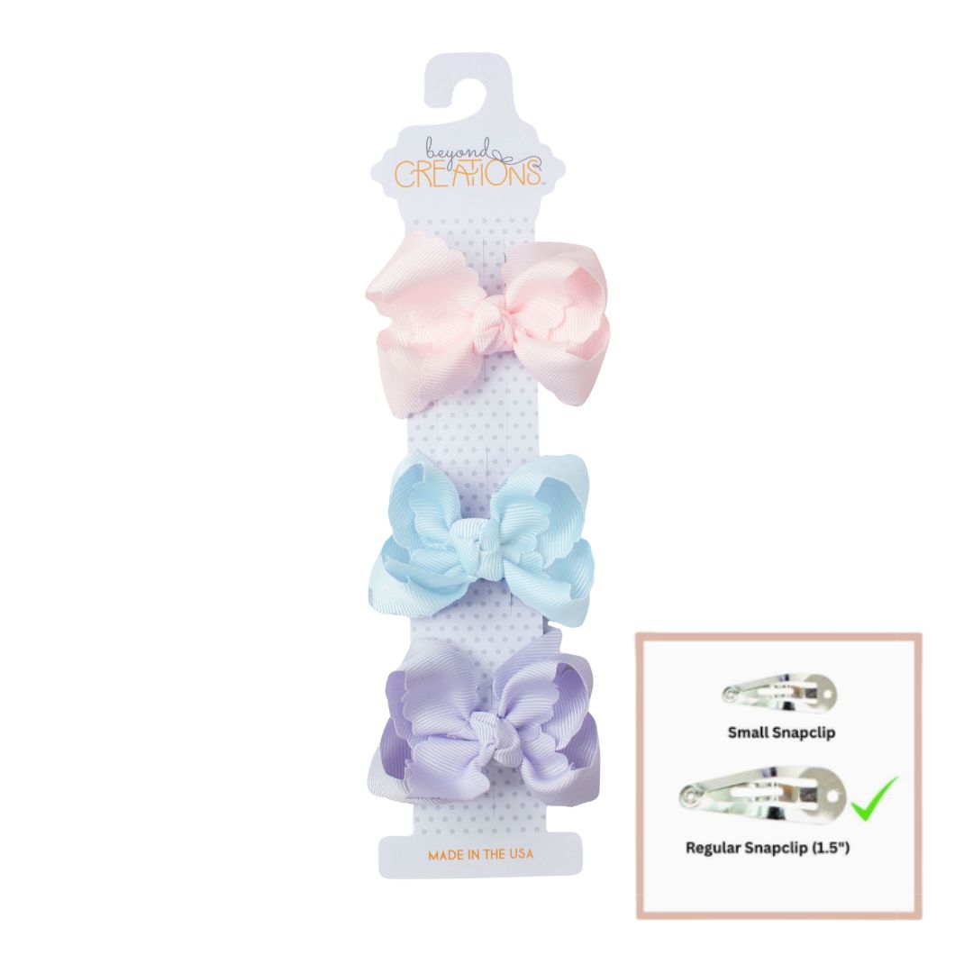 gift set of 3 bows, each 3 inches, one is powder pink, one powder blue and one powder orchid