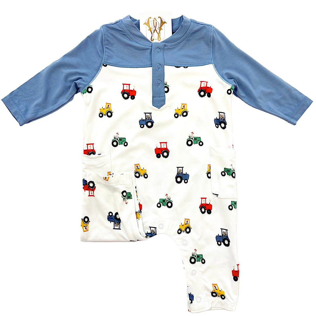 Mini Tractors Bamboo Long Romper with Navy Contrast Sleeves – Soft Bamboo Baby Boy Outfit with Tractor Print | Walker Boutique