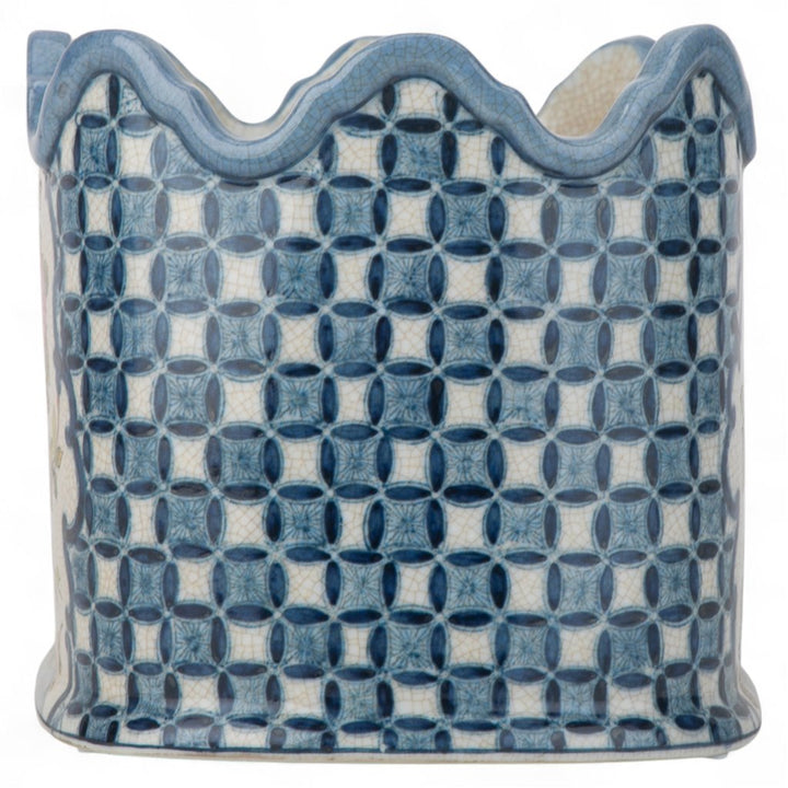 Ceramic planter with blue and white geometric pattern