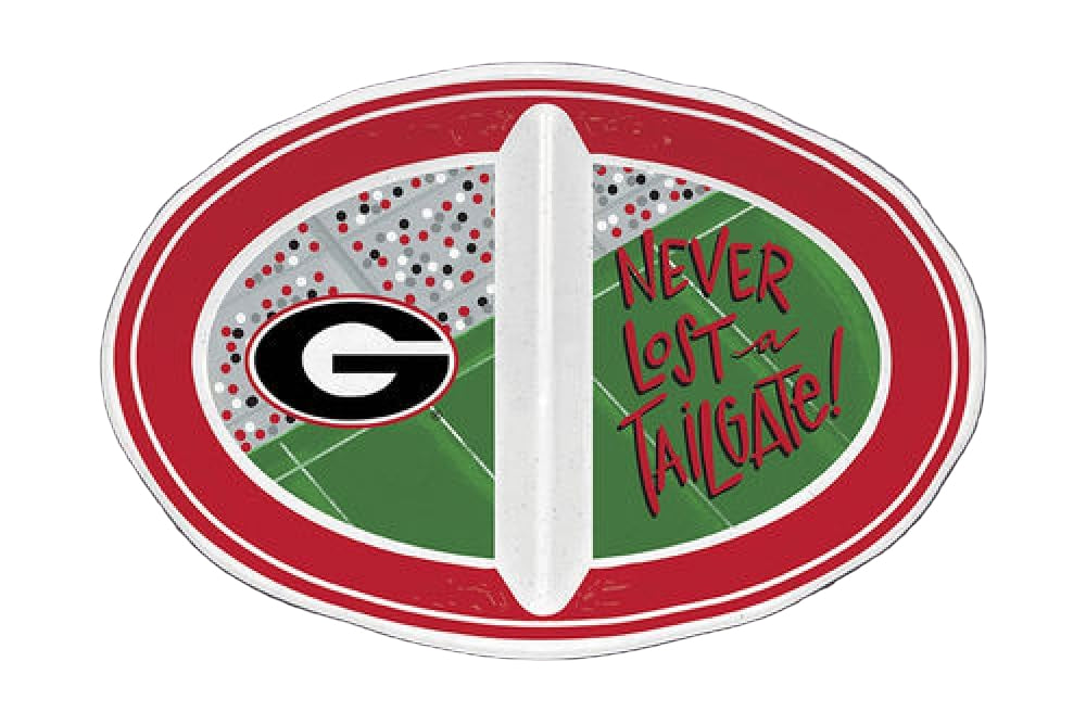 Decorative plate with a football design and text on a gray background