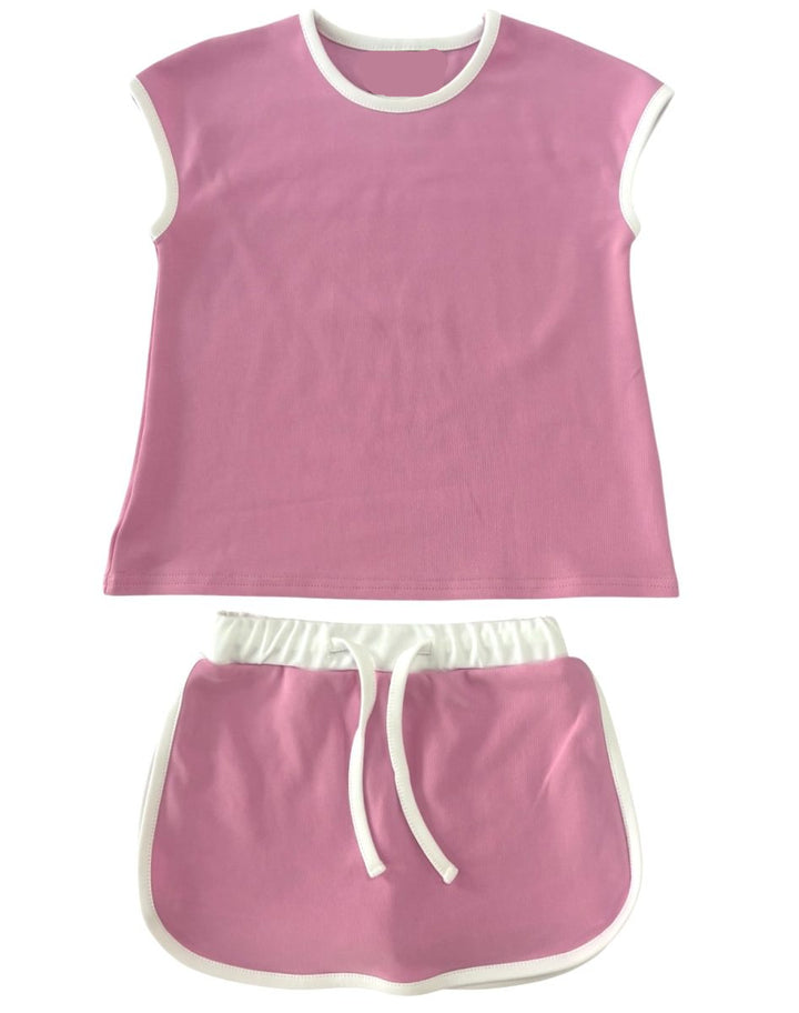 PINK SKORT SET WITH WHITE TRIM DETAIL AND SLEEVELESS TOP
