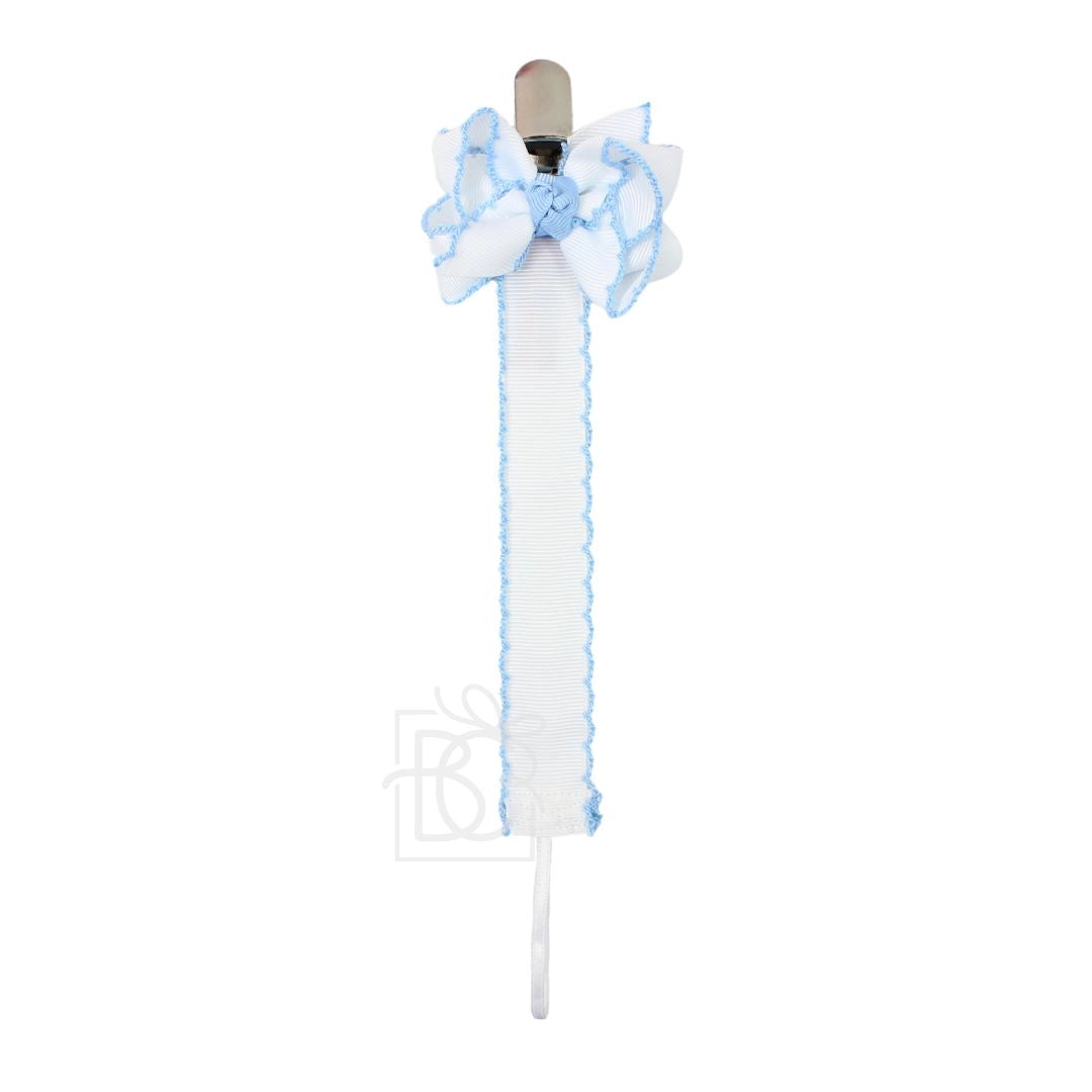 WHITE & MILLENNIUM BLUE CROCHET EDGE BINKER PACIFIER CLIP
