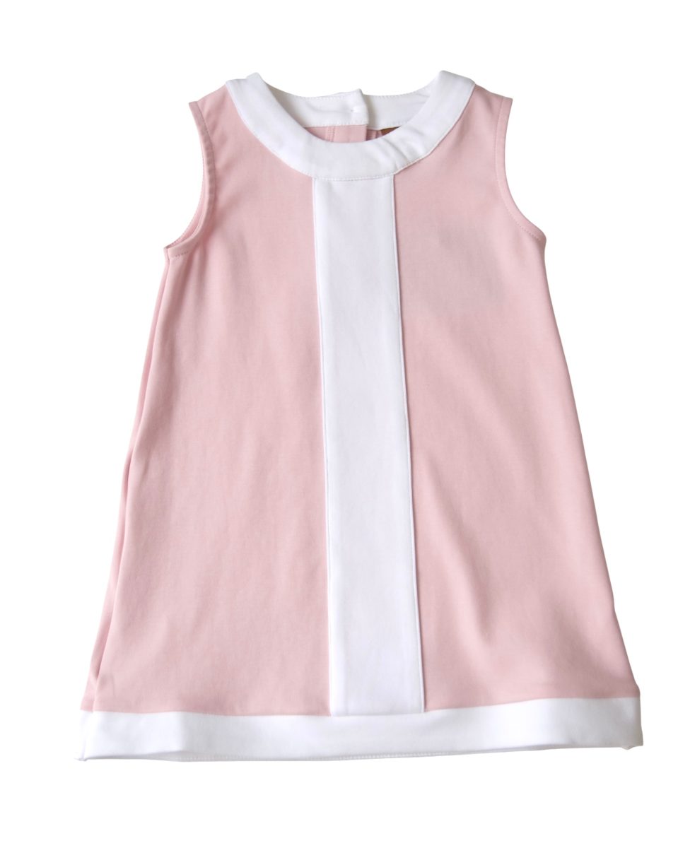 PINK SLEEVELESS GIRLS DRESS WITH WHITE STRIPE DOWN CENTER