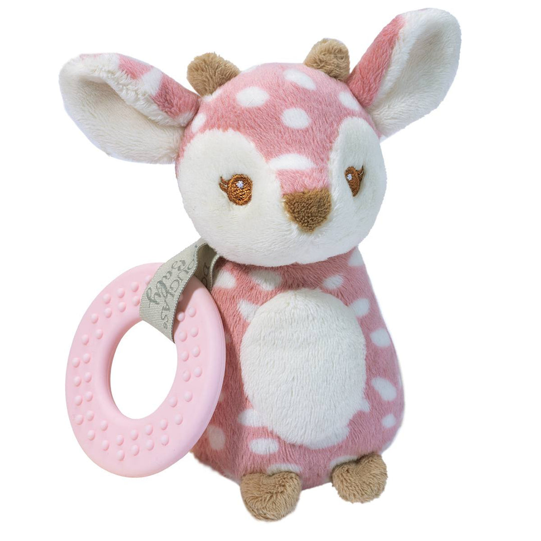 Pink spotted fawn plush rattle with embroidered details, oversized ears, and an attached pink textured teething ring | Walker Boutique