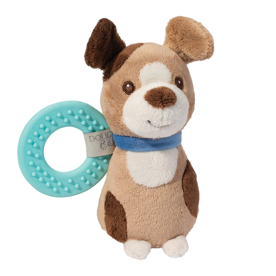 Brown and cream puppy plush rattle with embroidered details, floppy ears, and an attached blue textured teething ring | Walker Boutique