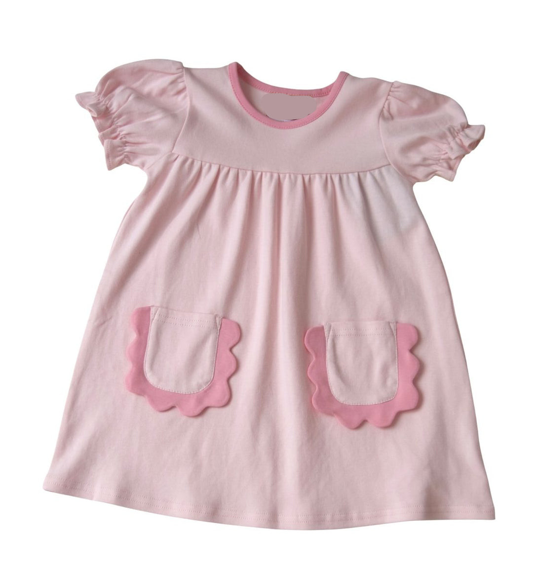 LIGHT PINK GIRLS DRESS WITH PEPLUM TRIM TWO FRONT POCKETS