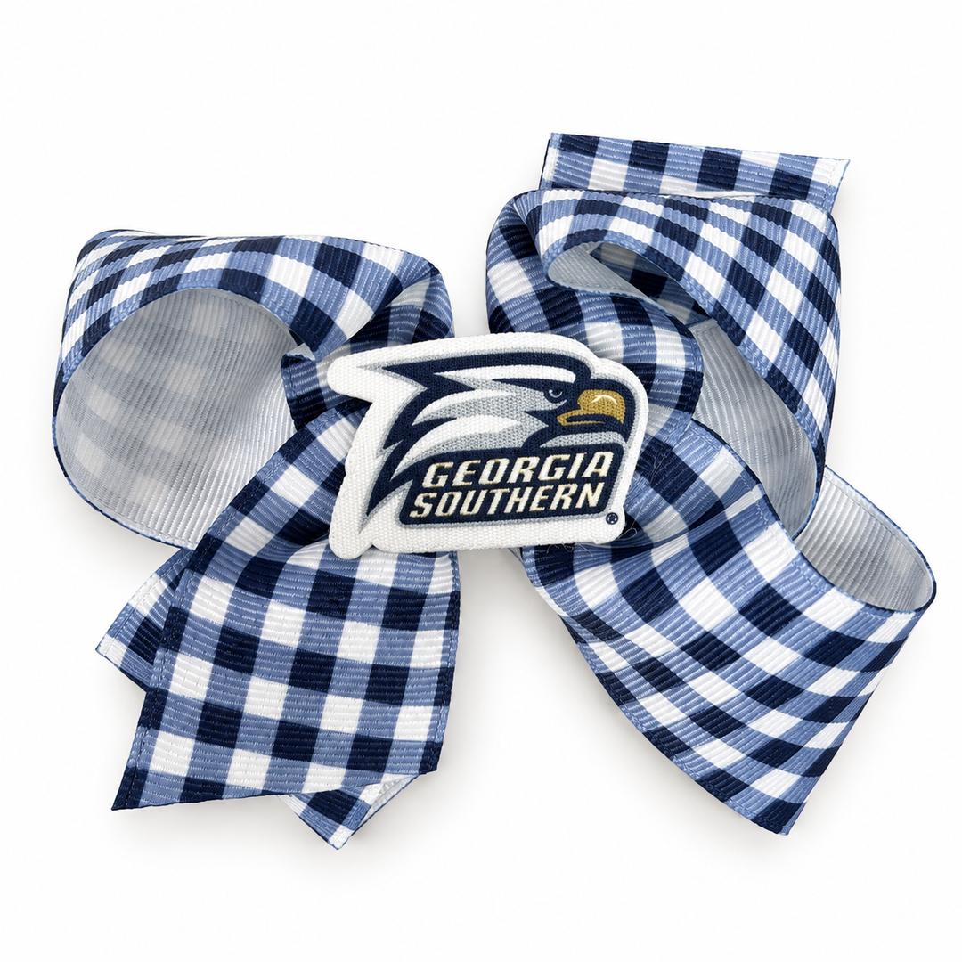Georgia Southern Eagles navy, blue, and white plaid hair bow with embroidered eagle logo. | Walker Boutique