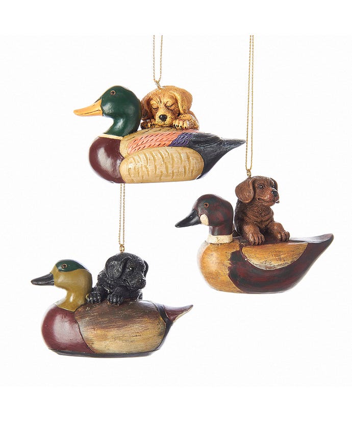 PUPPY WITH DUCK DECOY ORNAMENT