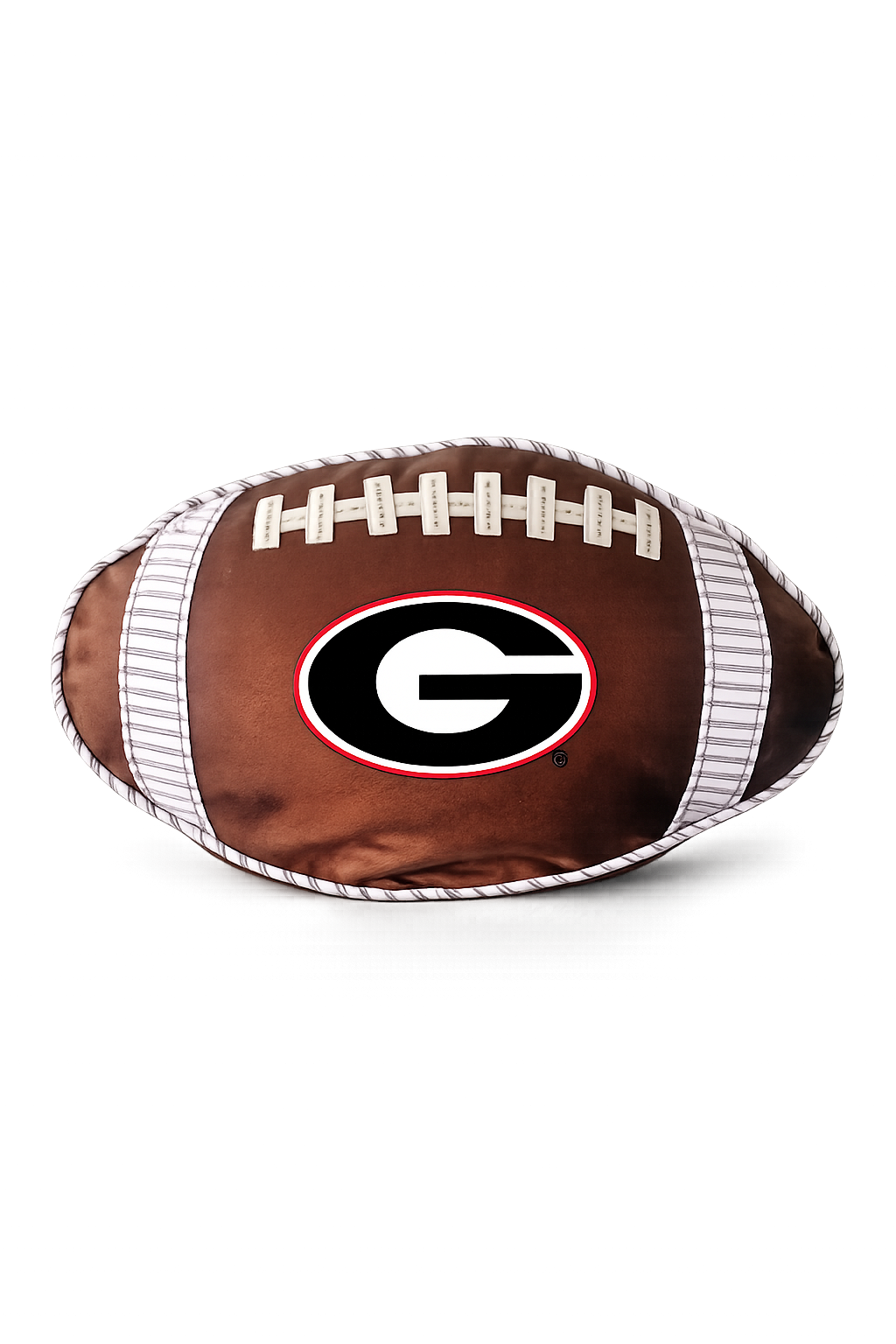 Georgia Bulldogs football-shaped plush pillow with the iconic black and red "G" logo. | Walker Boutique