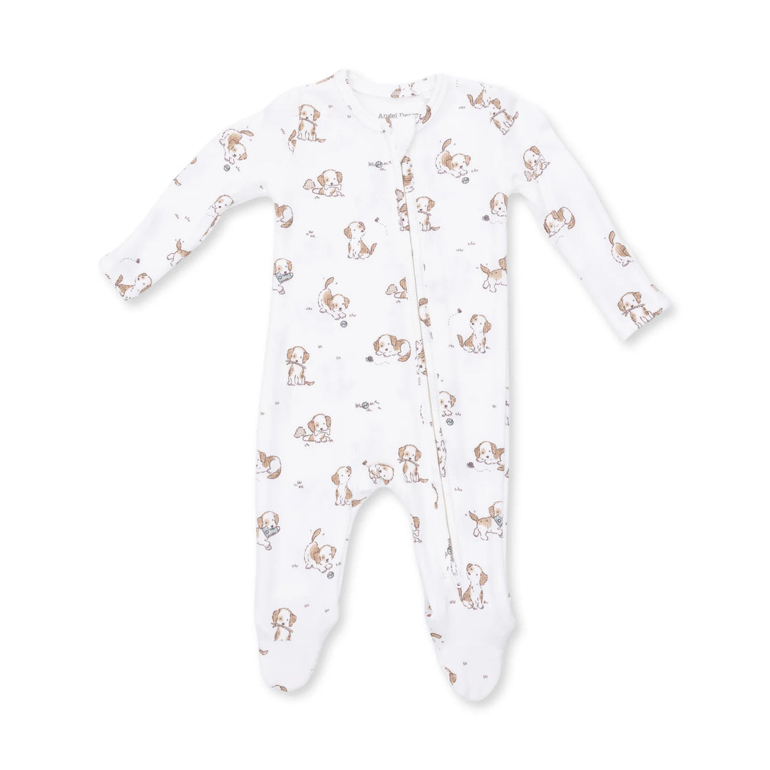 Angel Dear Explorer Puppy Blue 2-way Zipper Footie front view of the baby footie highlighting the silhouette and explorer puppy blue 2-way design