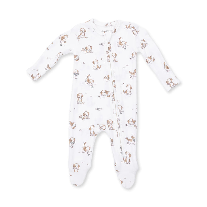 Angel Dear Explorer Puppy Blue 2-way Zipper Footie front view of the baby footie highlighting the silhouette and explorer puppy blue 2-way design
