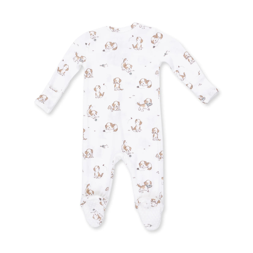 Angel Dear Explorer Puppy Blue 2-way Zipper Footie alternate view of the baby footie showing the explorer puppy blue 2-way design and coordinating trim