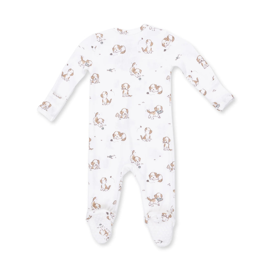Angel Dear Explorer Puppy Blue 2-way Zipper Footie alternate view of the baby footie showing the explorer puppy blue 2-way design and coordinating trim