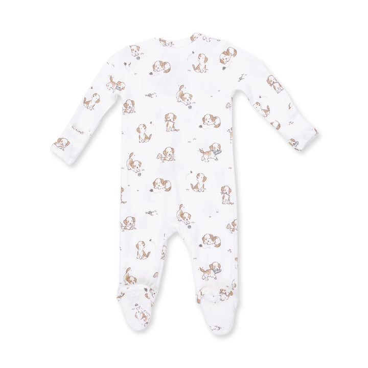 Angel Dear Explorer Puppy Blue 2-way Zipper Footie alternate view of the baby footie showing the explorer puppy blue 2-way design and coordinating trim