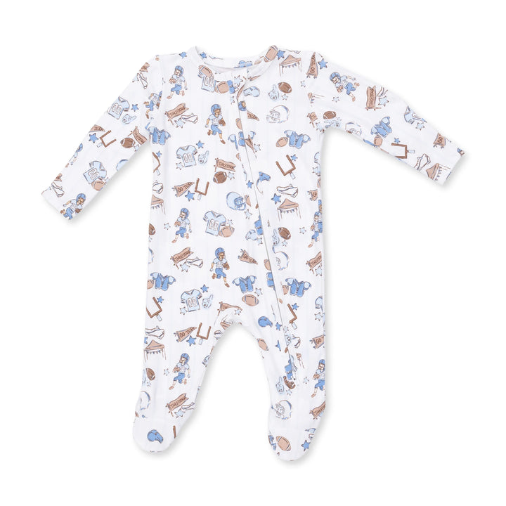 Angel Dear Football Nursery 2-way Zipper Footie front view of the baby footie highlighting the silhouette and football nursery 2-way design