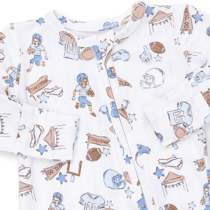 Angel Dear Football Nursery 2-way Zipper Footie close-up of the baby footie highlighting the print, closures, and finishing details