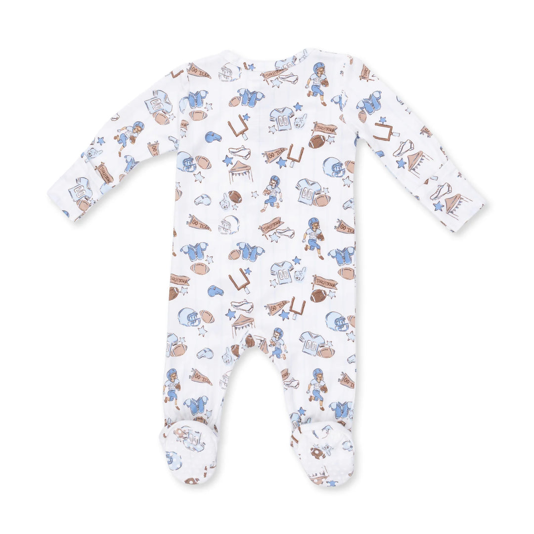 Angel Dear Football Nursery 2-way Zipper Footie alternate view of the baby footie showing the football nursery 2-way design and coordinating trim