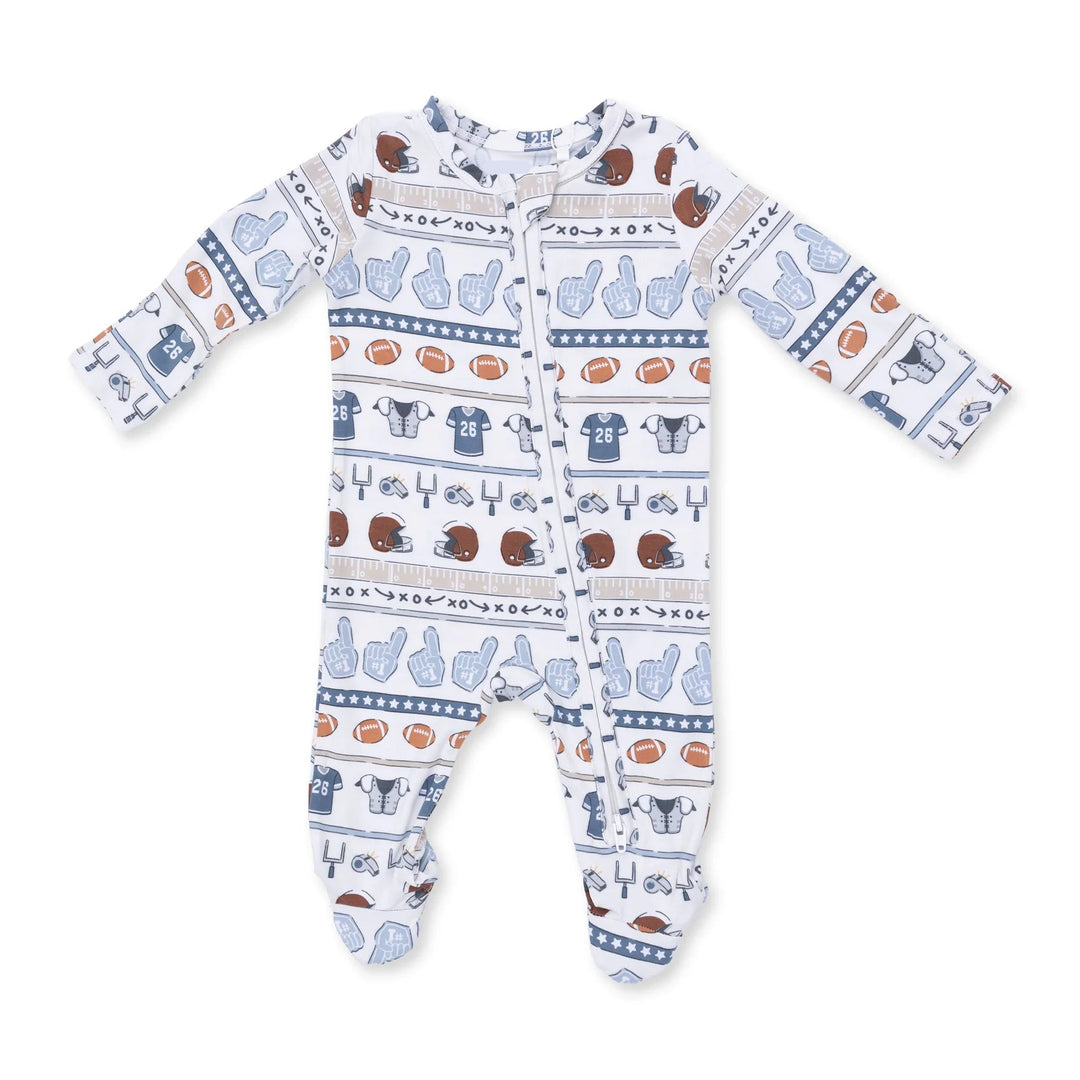 Angel Dear Football Stripe 2-way Zipper Footie front view of the baby footie highlighting the silhouette and football stripe 2-way design