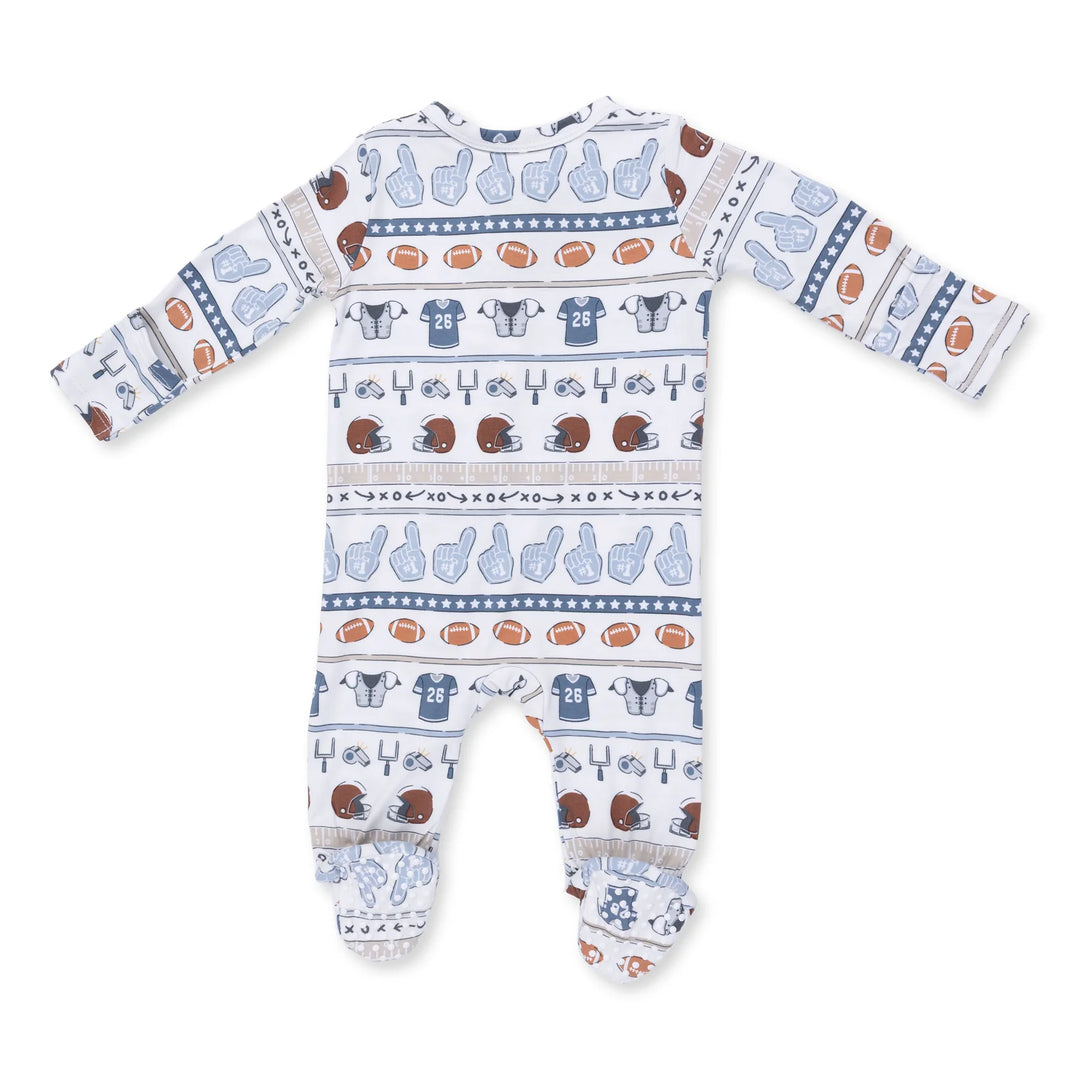 Angel Dear Football Stripe 2-way Zipper Footie alternate view of the baby footie showing the football stripe 2-way design and coordinating trim