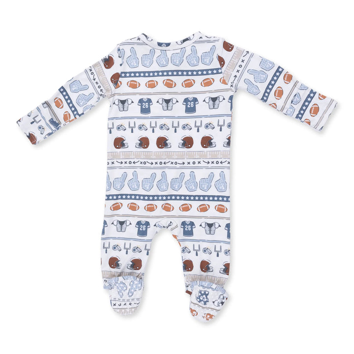 Angel Dear Football Stripe 2-way Zipper Footie alternate view of the baby footie showing the football stripe 2-way design and coordinating trim