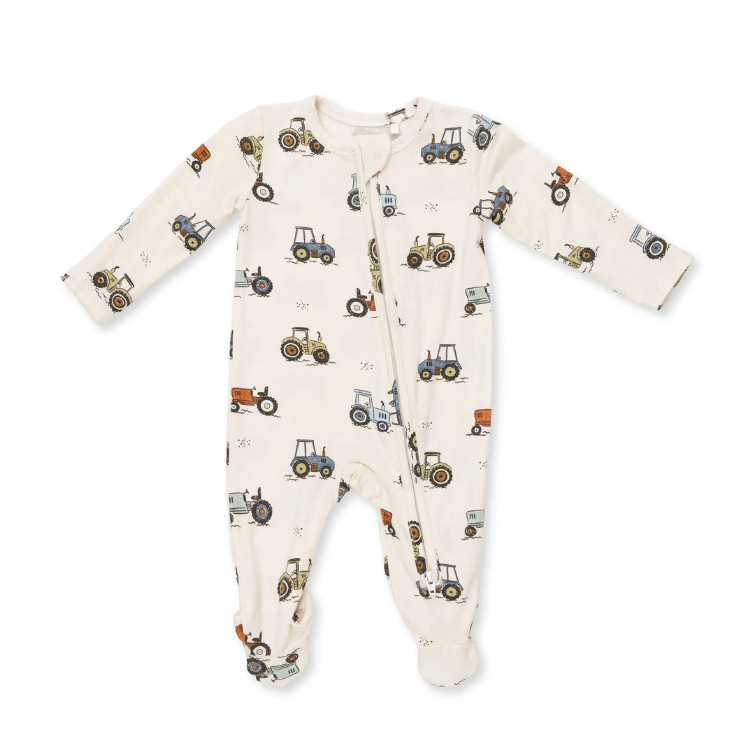 Angel Dear Future Farmer 2-way Zipper Footie front view of the baby footie highlighting the silhouette and future farmer 2-way design