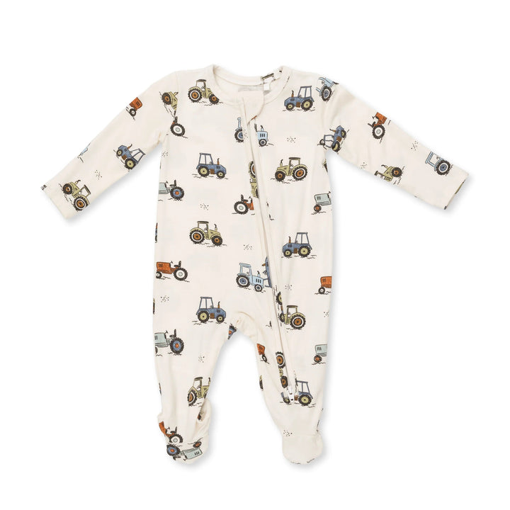 Angel Dear Future Farmer 2-way Zipper Footie front view of the baby footie highlighting the silhouette and future farmer 2-way design