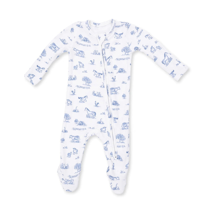 Angel Dear Farm Friends 2-way Zipper Footie front view of the baby footie highlighting the silhouette and farm friends 2-way design