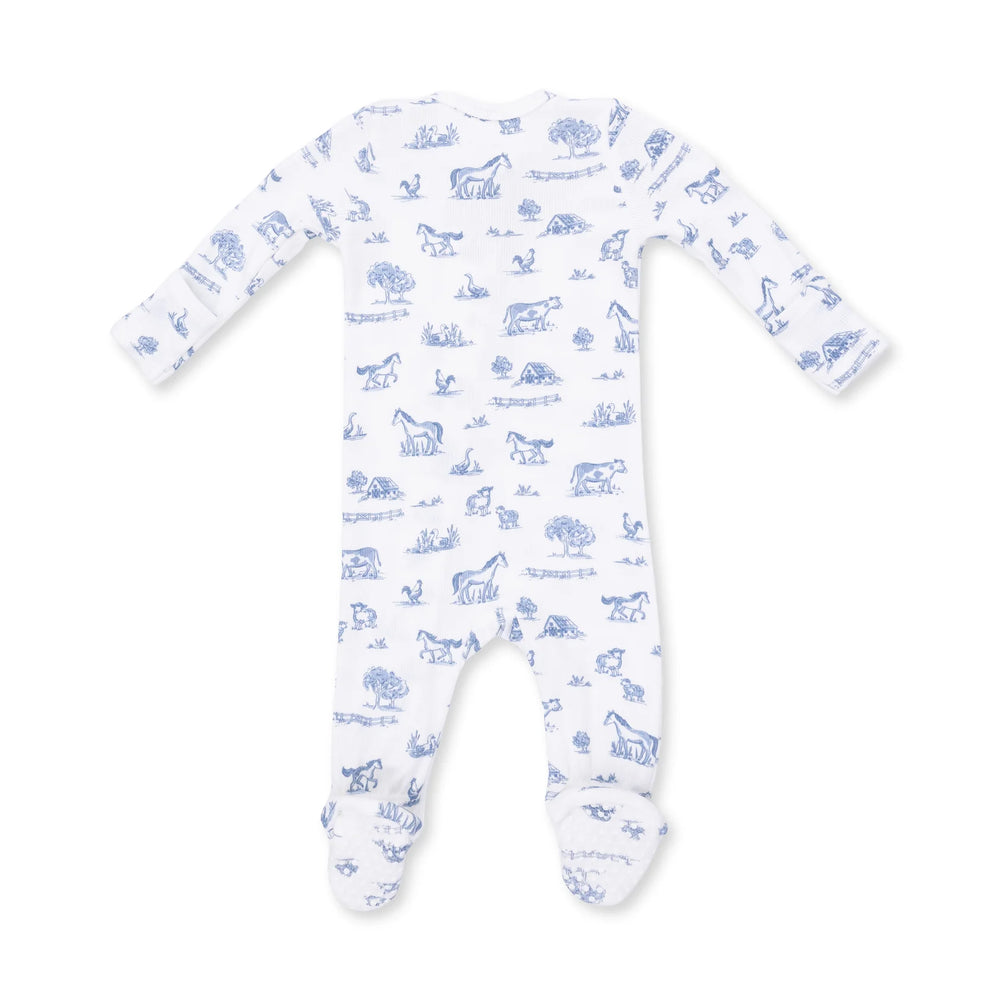 Angel Dear Farm Friends 2-way Zipper Footie alternate view of the baby footie showing the farm friends 2-way design and coordinating trim