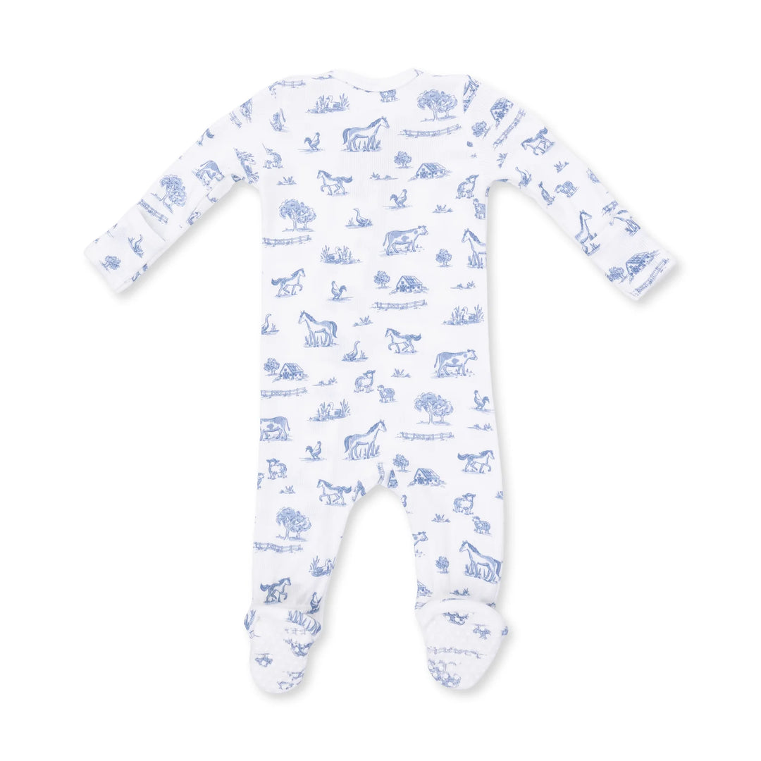 Angel Dear Farm Friends 2-way Zipper Footie alternate view of the baby footie showing the farm friends 2-way design and coordinating trim