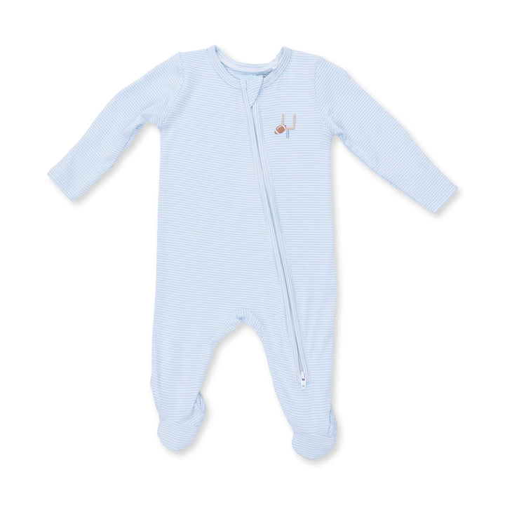 Angel Dear Football Blue Micro Stripe 2-way Zipper Footie front view of the baby footie highlighting the silhouette and football blue micro stripe 2-way design